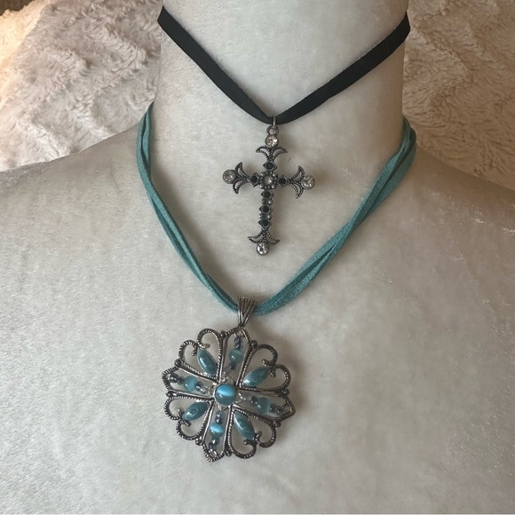 Vintage Suede Chain Necklaces Black Cross Pendants & Turquoise Flower - Picture 1 of 8